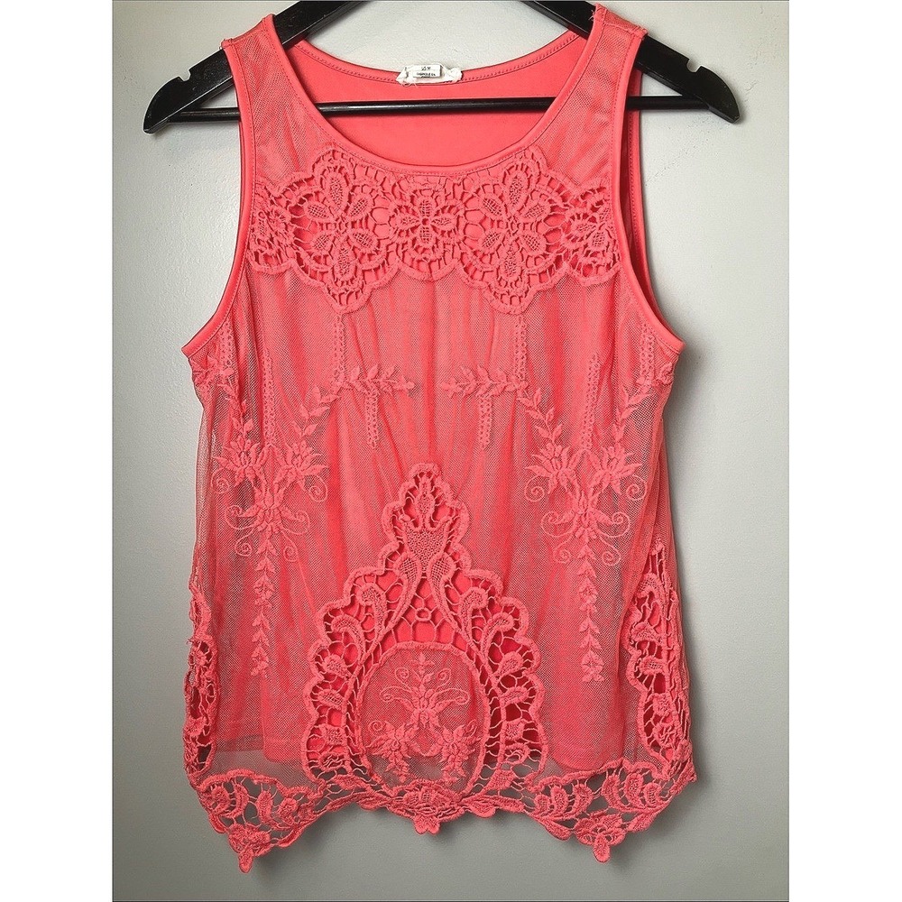 Artisan NY Sleeveless Boho Lace Overlay Embroidered Coral Tank Top Size Medium